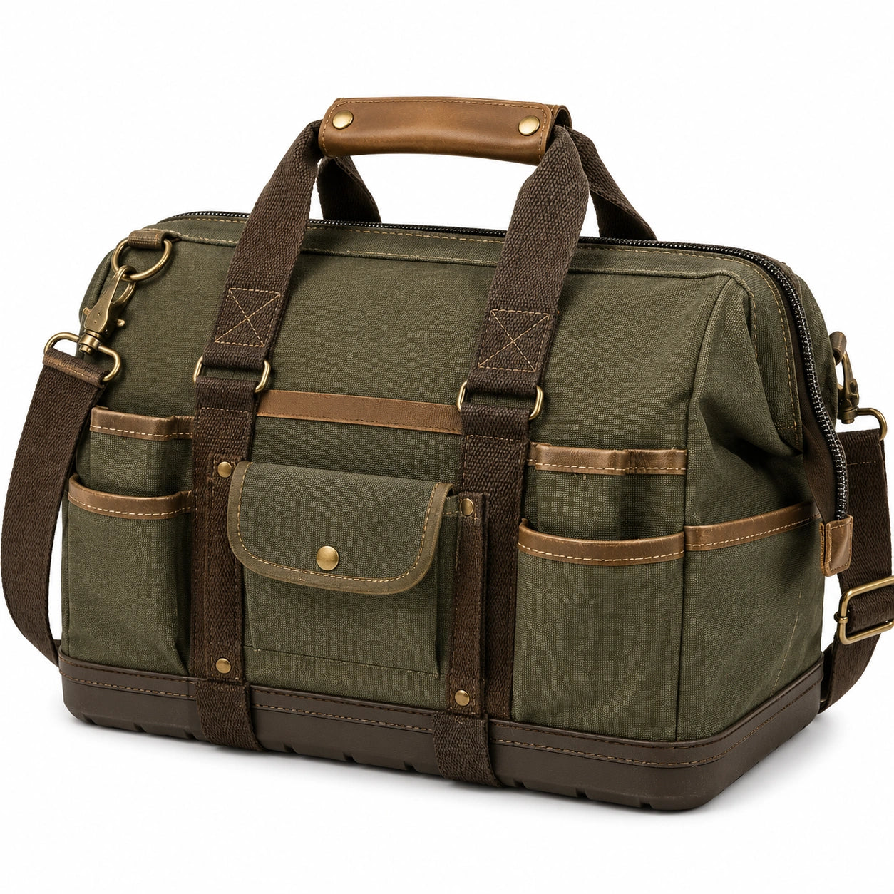Robuste Werkzeugtasche aus Canvas mit Lederakzenten Oliv/Braun
