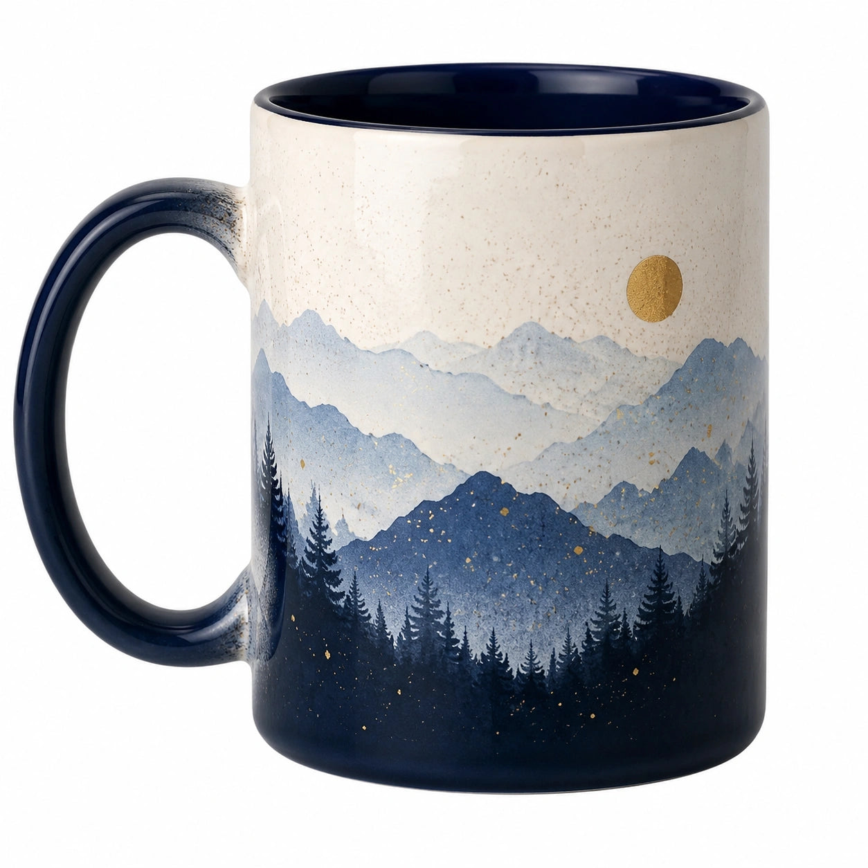Keramikbecher mit Berglandschaft Motiv 350ml Blau/Weiß
