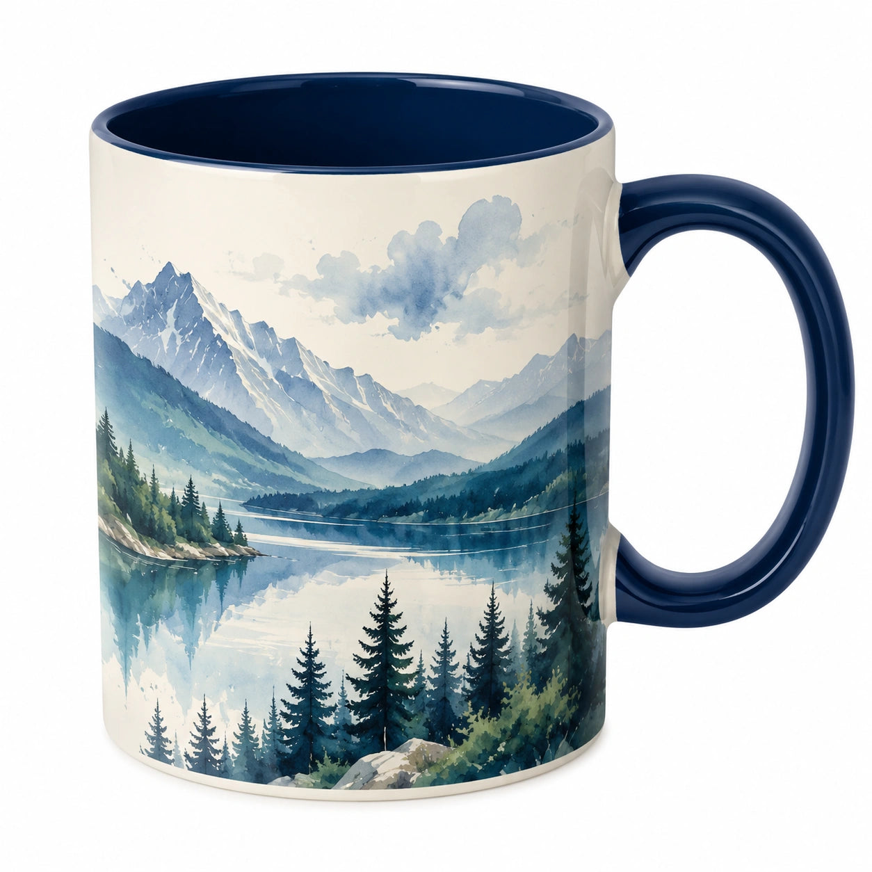 Keramiktasse mit Bergsee-Motiv Blau und Weiß