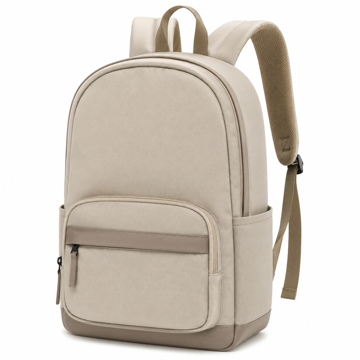 Beiger Rucksack mit ergonomischen Trägern und mehreren Fächern
