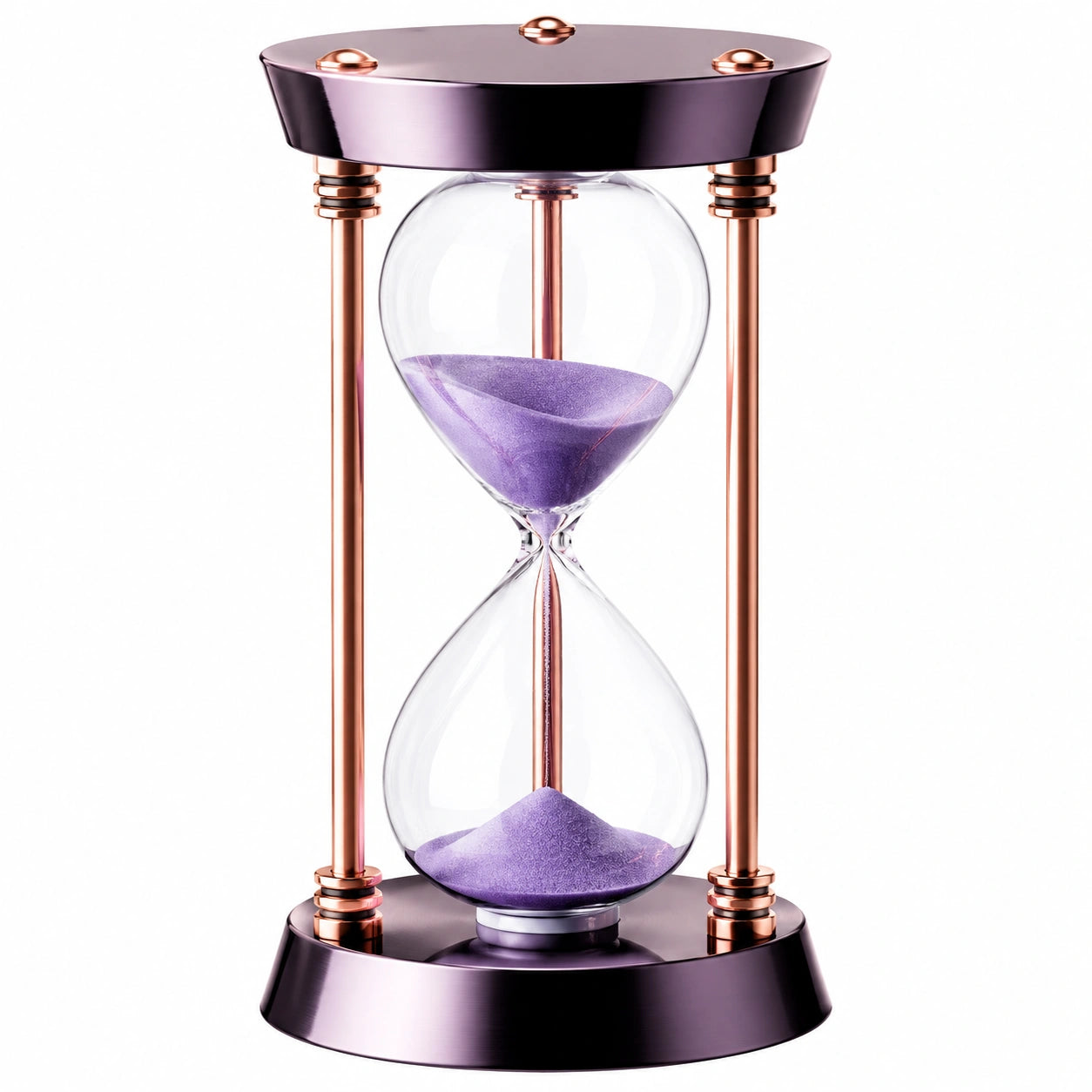 Stilvolle Sanduhr mit Metallrahmen und violettem Sand, 30 Minuten