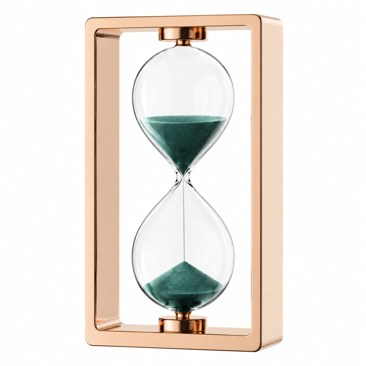 Sanduhr mit roségoldenem Metallrahmen und grünem Sand, 30 Minuten