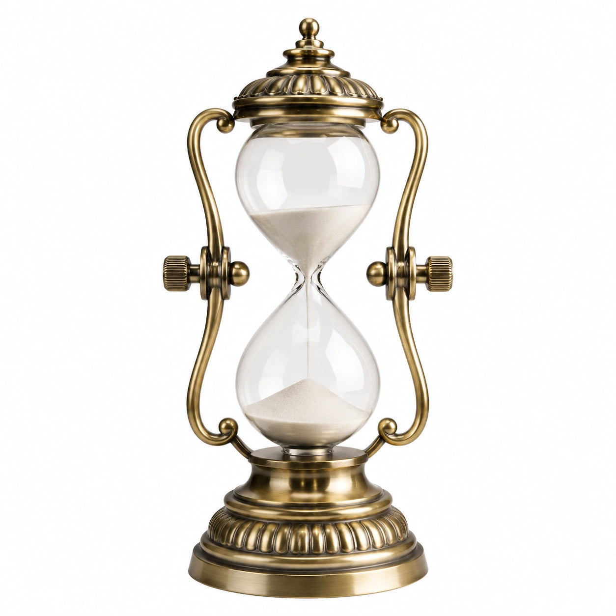 Große Vintage Sanduhr aus Antikem Messing mit Klarglas