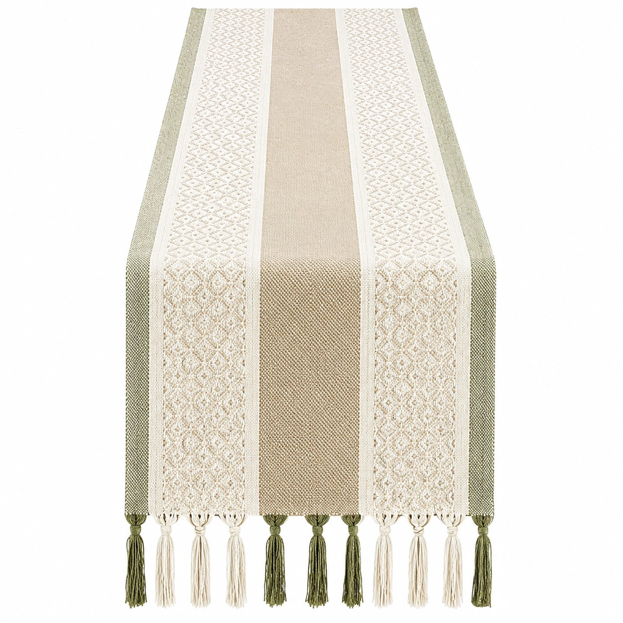 Tischläufer mit Quasten, Grün Beige, Jacquardmuster, 180x35 cm