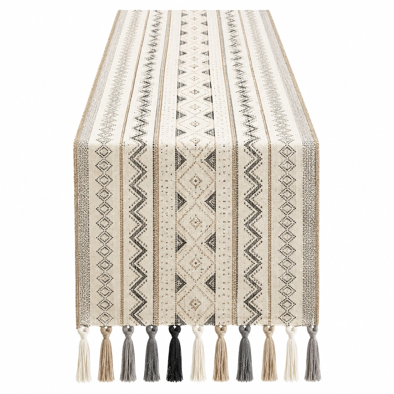 Tischläufer Beige/Schwarz/Weiß mit Quasten, 180 cm